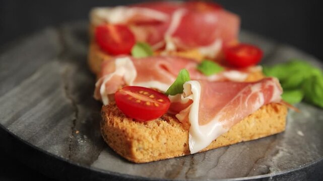 jamon bruschetta prosciutto appetizer portioned tapas dish natural tasty snack fresh gourmet food background on the table rustic top view copy space