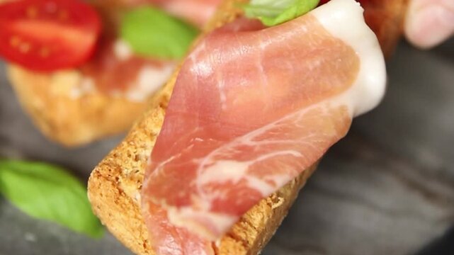 jamon bruschetta prosciutto appetizer portioned tapas dish natural tasty snack fresh gourmet food background on the table rustic top view copy space