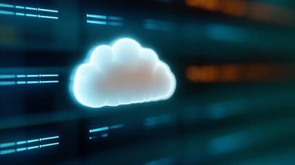 A digital illustration of a glowing cloud symbol, representing cloud computing and data storage technology in a futuristic environment.