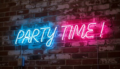 Blue and Pink Party Time neon sign glowing brightly on a vintage brick wall background. A cool and modern decoration for a celebration or event