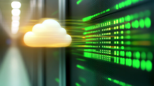 A digital cloud icon floats over a server, symbolizing data transfer and cloud computing innovation in a modern data center.