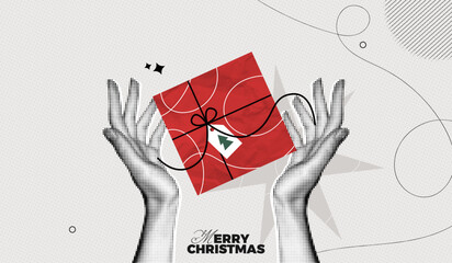 Trendy Halftone Collage Merry Christmas and New Year poster. Women's hands holds red gift box. Xmas present with ribbon and bow. Party celebration. Paper texture. Contemporary vector illustration art
