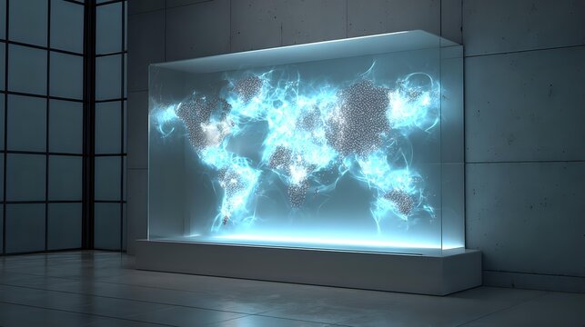 Holographic world map display in a futuristic room glowing blue and red for technology and science concepts