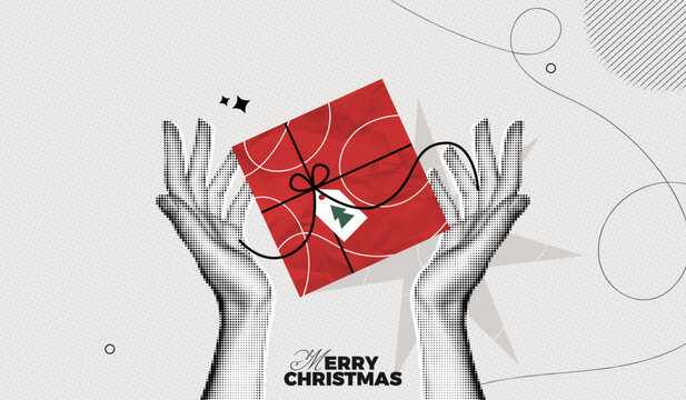 Trendy Halftone Collage Merry Christmas and New Year poster. Women's hands holds red gift box. Xmas present with ribbon and bow. Party celebration. Paper texture. Contemporary vector illustration art