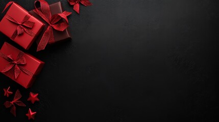 Red gift boxes with bows and festive decorations on dark background. Christmas or holiday concept with copy space for text