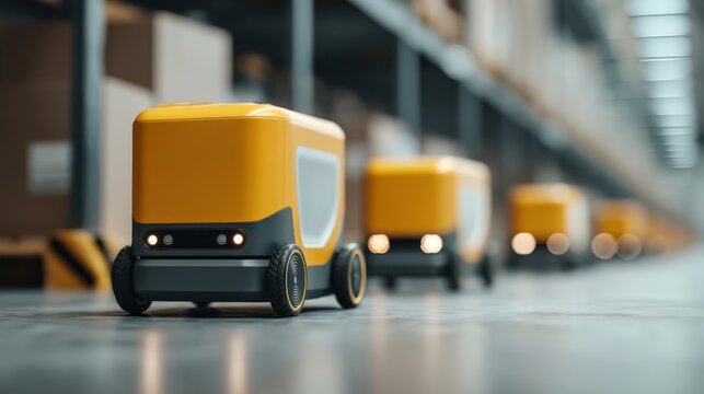 A line of autonomous delivery robots in a warehouse, featuring bright yellow designs, efficiently navigating between stacked boxes.