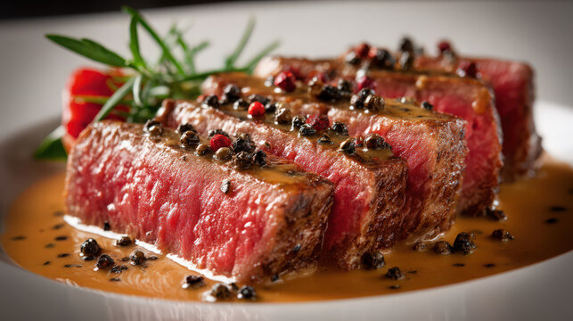gourmet beef steak with peppercorn sauce on a fine dining table - Powered by Adobe