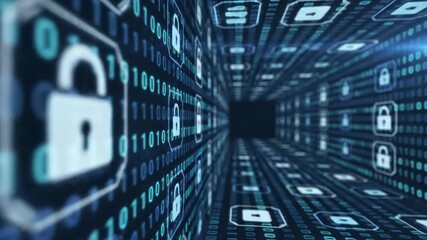 Digital security and data protection concept with binary code and padlock icons in a futuristic tunnel - Powered by Adobe