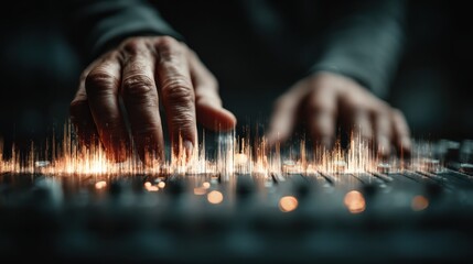 A close-up of hands adjusting sound levels on a mixing console, showcasing vibrant sound waves and lights in a dynamic music production environment.