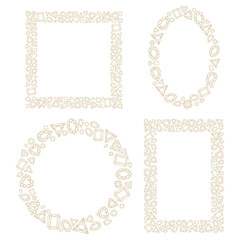Set of elegant line art frames made of gemstones in gold color for wedding invitations, luxury branding, packaging, greeting cards, logo templates, certificates, posters, and digital design. Vector