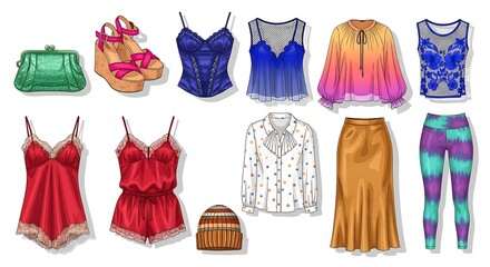 Stylish clothing and accessories assortment, digitally rendered for creative design purposes
