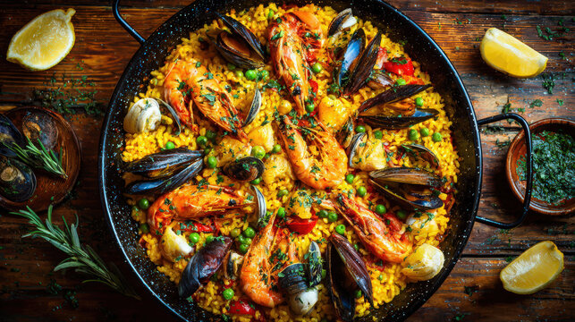 seafood paella with saffron rice in large pan flat lay