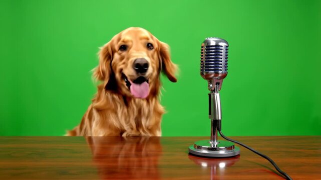 A happy golden retriever dog sitting behind a wooden desk with a vintage microphone in front of a green screen background, looking directly at the camera