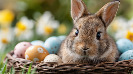 A sweet little bunny rests inside a wicker basket surrounded by colorful decorated Easter eggs and spring flowers. The background features soft-focus daisies and green grass