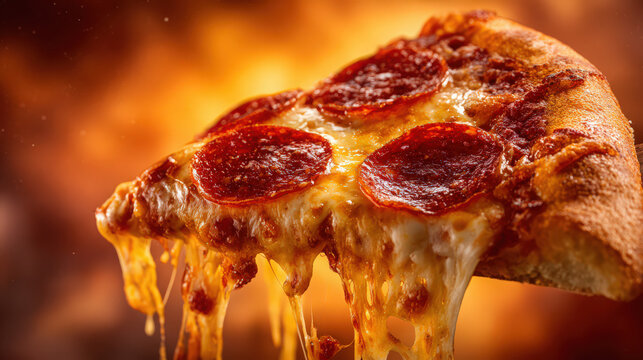 close-up pepperoni pizza slice with extreme cheese pull