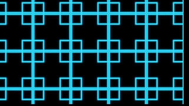 A grid of blue squares with corner brackets and dots on a black background forming a pattern