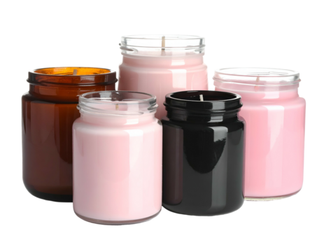 Five glass jars filled with colorful wax, each with a wick for burning