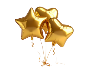 Gold, inflated star and heart shaped balloons on strings, tied together