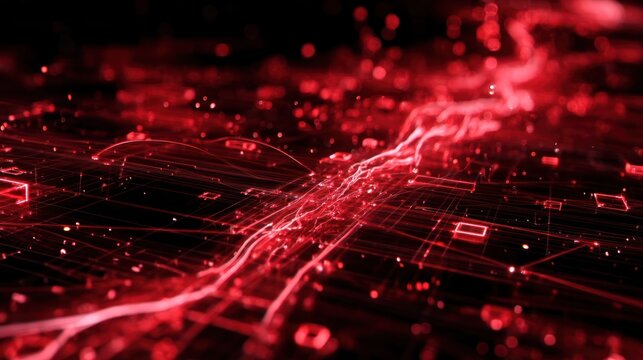 Dynamic Data Stream: A captivating visualization of a network of interconnected data pathways, represented by radiant red light trails that weave across a dark background.