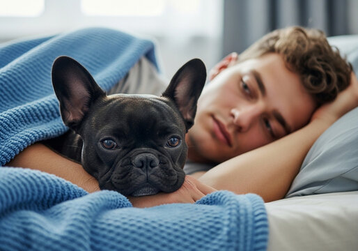 A man sleeps in bed while a black french bulldog rests comfortably under the blue blanket beside him