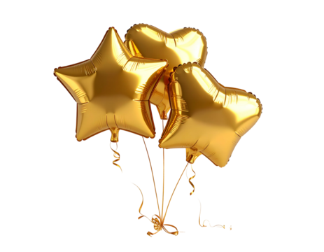 Gold, inflated star and heart shaped balloons on strings, tied together