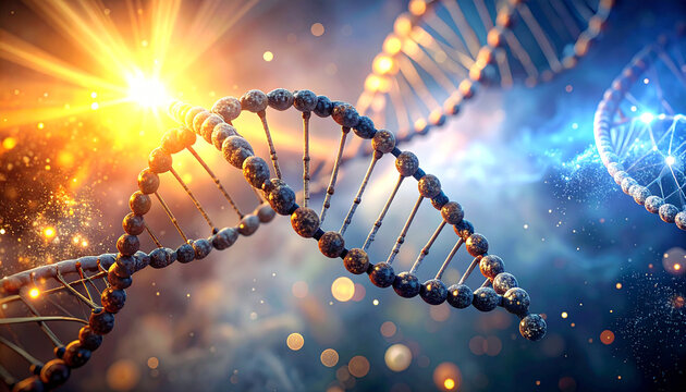 DNA Helix: Illuminated DNA helix with a brilliant golden light representing the essence of life and innovation, a concept of scientific and technological advancement.