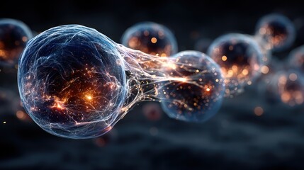 Celestial Cellular Dance: An ethereal display of luminous cells merges in a captivating dance, their inner glows pulsing with energy, amidst a backdrop of cosmic depth.