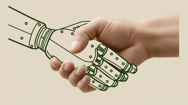 Digital Harmony: A human and a robotic arm clasp in a gesture of cooperation and technological symbiosis, illustrated in a clean, modern style.