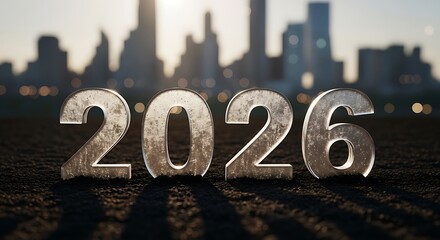 Silver year numerals two zero two six on a dark surface with a blurred city skyline in the background