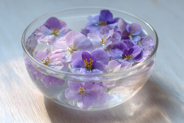 a bowl of water with purple flowers floating in it