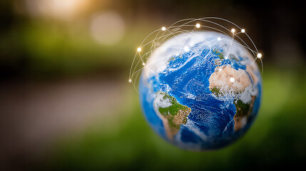 A digitally enhanced image of Earth showcasing global connectivity and networks through glowing connections and vibrant colors.