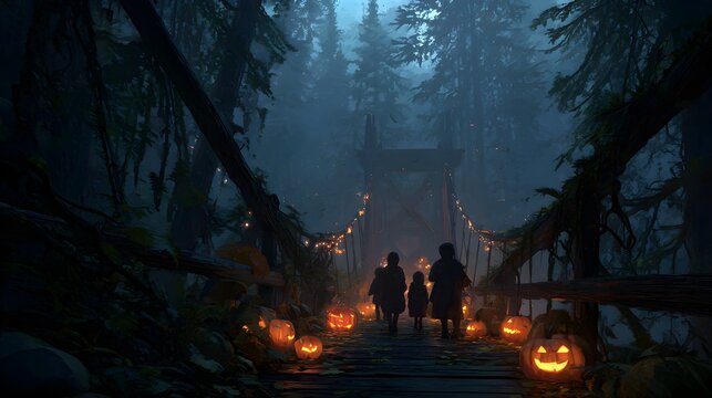 Mysterious forest bridge illuminated by glowing jack-o'-lanterns leads silhouetted figures towards an enchanting Halloween adventure under misty moonlight