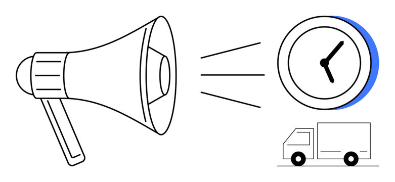 Megaphone projecting sound waves towards a clock and a delivery truck, symbolizing efficient communication, time management, and logistics. Ideal for marketing, punctuality, organization, delivery