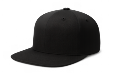 Black baseball cap with flat brim, blank snapback design, facing sideways on a transparent background
