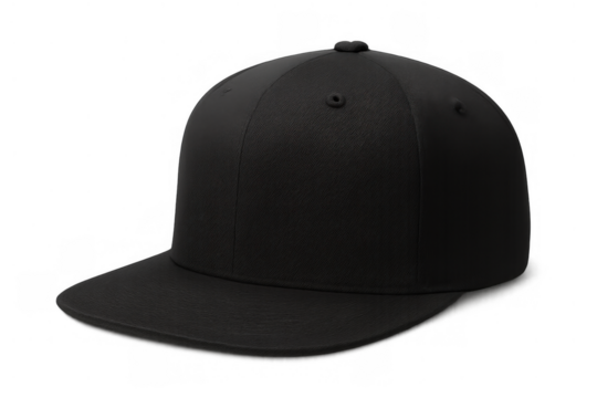 Black baseball cap with flat brim, blank snapback design, facing sideways on a transparent background