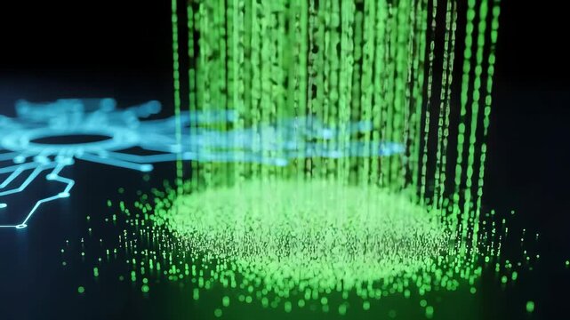 Abstract digital data stream flowing into a circuit board with binary code elements - Powered by Adobe