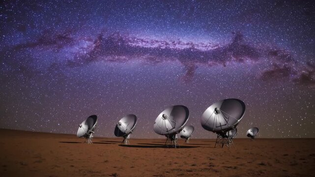 A radio telescope overlooking the desert night sky and a cosmic observatory, the desert night sky is filled with Milky Way stars and cosmic observations.