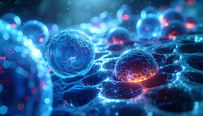 Microscopic Marvel: An artistic rendering of glowing spheres, representing cell structures or molecular formations, in a sea of vibrant, luminous energy.