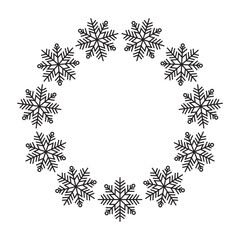 Minimalist black snowflake wreath design on a white background. Simple geometric winter illustration ideal for holiday decorations, greeting cards, logos, and seasonal graphic projects.