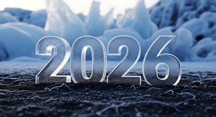 Clear ice numbers forming the year twenty twenty six on dark ground with icy background scene