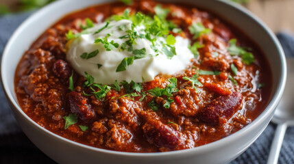 chili con carne bowl with sour cream close-up
