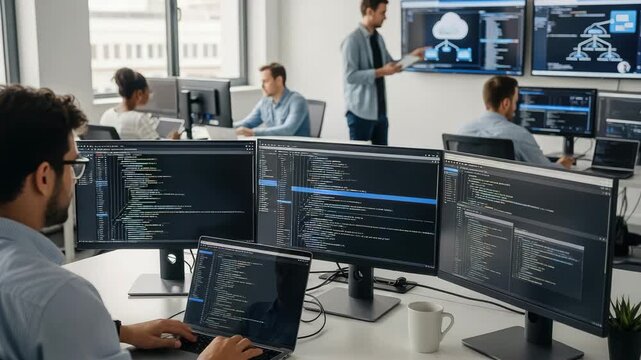 Team of programmers working in a modern office with multiple monitors displaying code and data visualizations