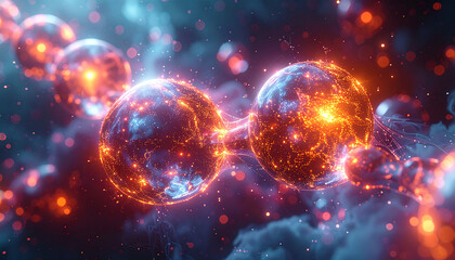 Cosmic Bonds: Two radiant celestial spheres pulsate with raw energy, interconnected amidst a swirling nebula, representing the genesis of the universe and cosmic dance.
