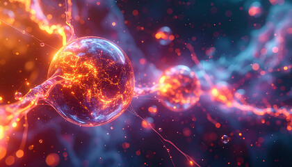Cosmic Collision: An image capturing the raw power and beauty of a celestial collision, showcasing radiant spheres of energy dancing in the cosmos. 