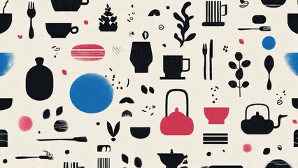 A colorful, abstract pattern featuring kitchen and dining elements, including cups, utensils, and plants, creating a modern and artistic aesthetic.