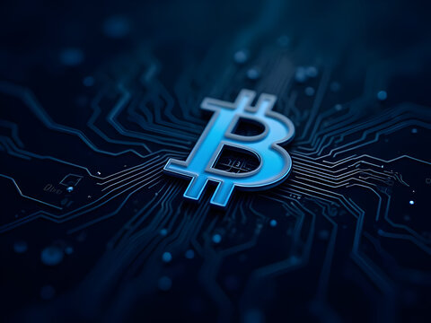 Photorealistic golden Bitcoin with microchip pattern details, floating above a luminous black digital circuit board lined with interconnected blue data traces - Powered by Adobe