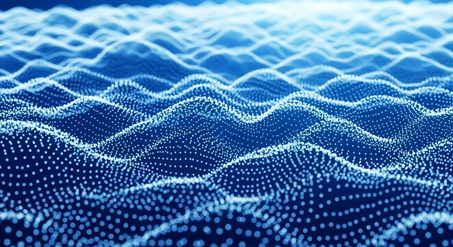 Abstract blue glowing digital landscape of undulating waves and particles in motion
