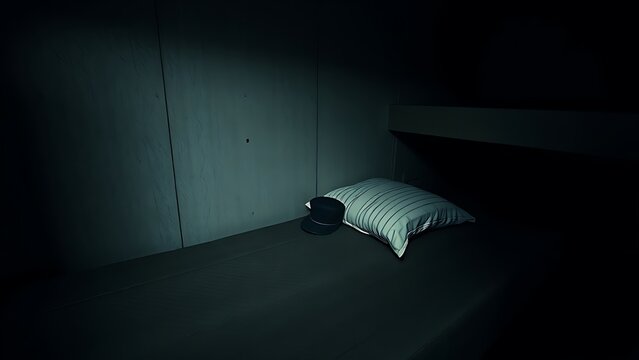 barracks. An abandoned military bunk bed with a single cap on the pillow. event key visuals, club posters, designed for sports event promotions and stadium branding, used by event planners.