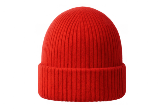 Red knitted beanie hat for winter, a warm woolly cap for cold weather fashion and apparel, transparent background