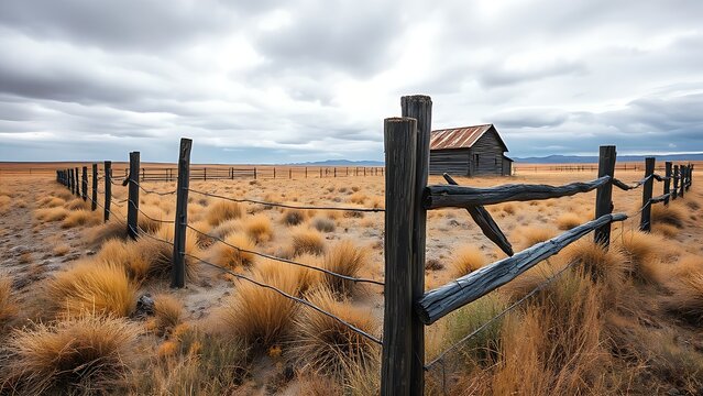 silo. Abandoned ranch with weathered fences on overcast grassland. travel magazines, destination branding, designed for outdoor magazines and nature guides, drives exploration.